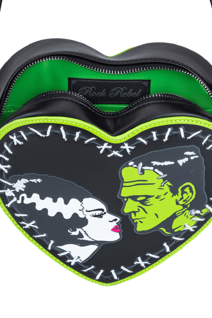 Heart-shaped bag with Frankenstein and Bride design, featuring 'Rock Rebel' brand.