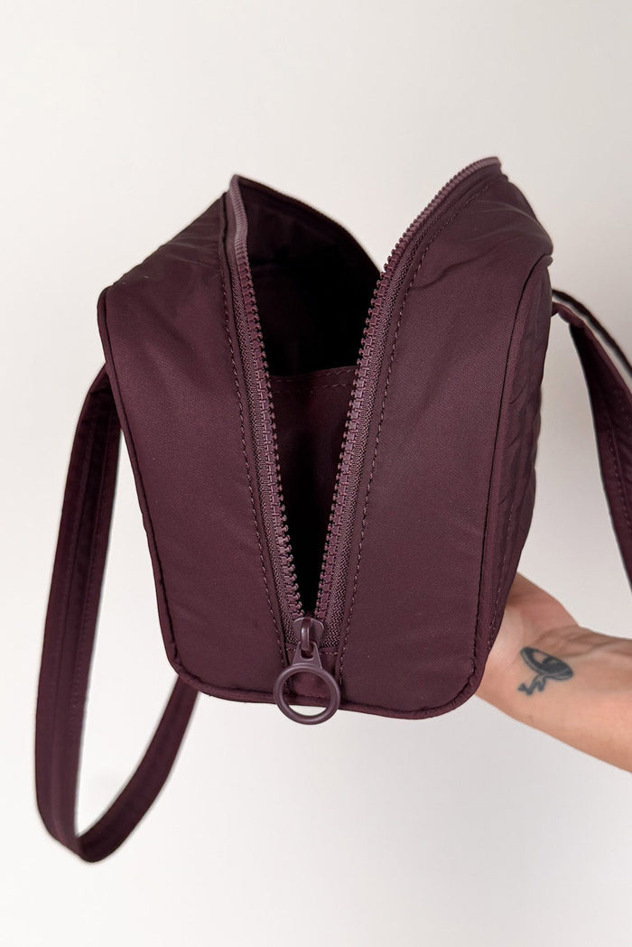 burgundy recycled nylon gothic baguette shoulder bag