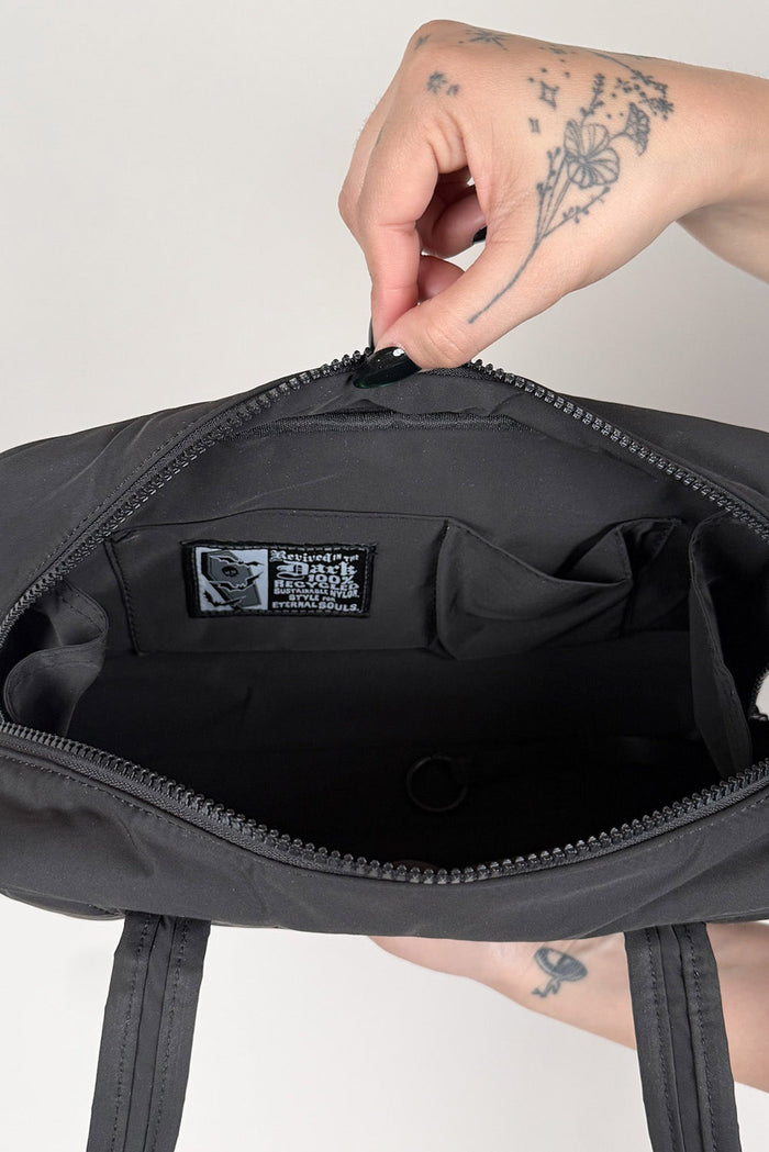 recycled nylon gothic baguette shoulder bag  with embroidered webs