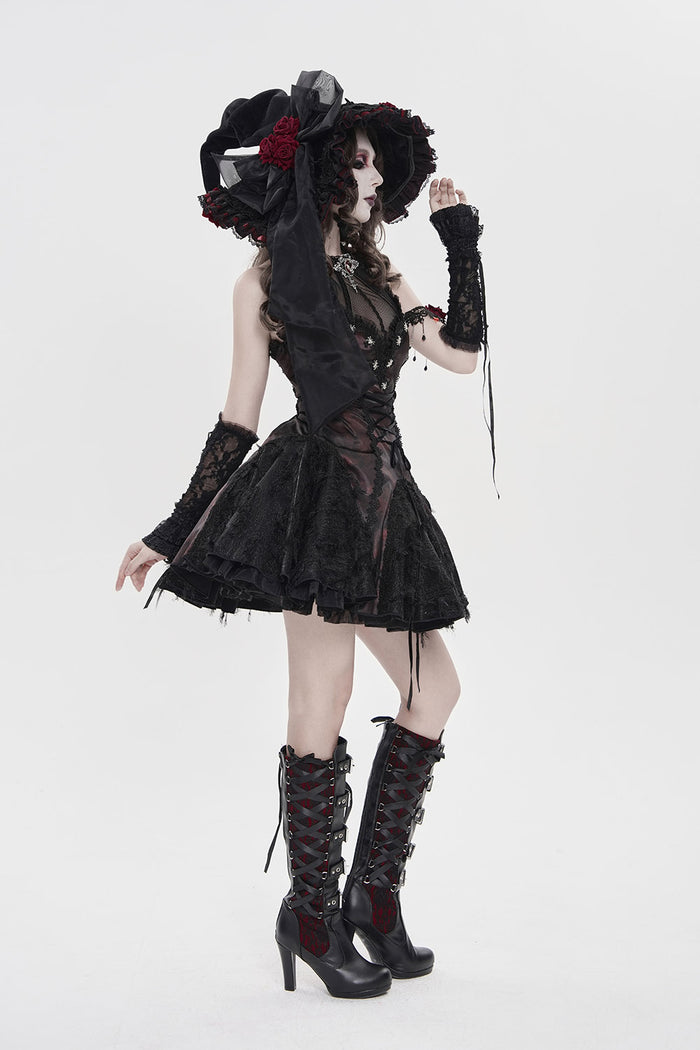 whimsical wide brimmed witch hat with red roses