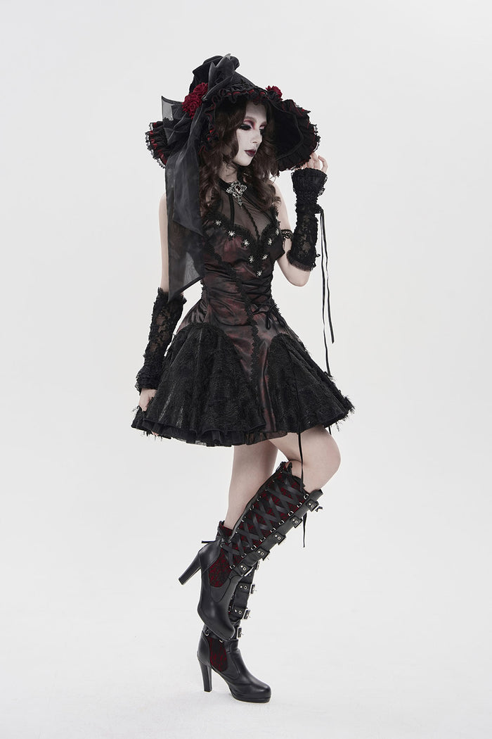 oversized wide brimmed witch hat with red roses