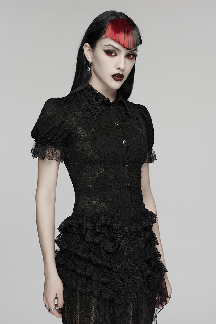 black lace puff sleeve blouse