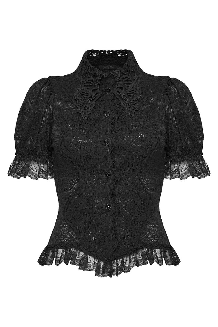 button-up gothic black lace puff sleeve blouse