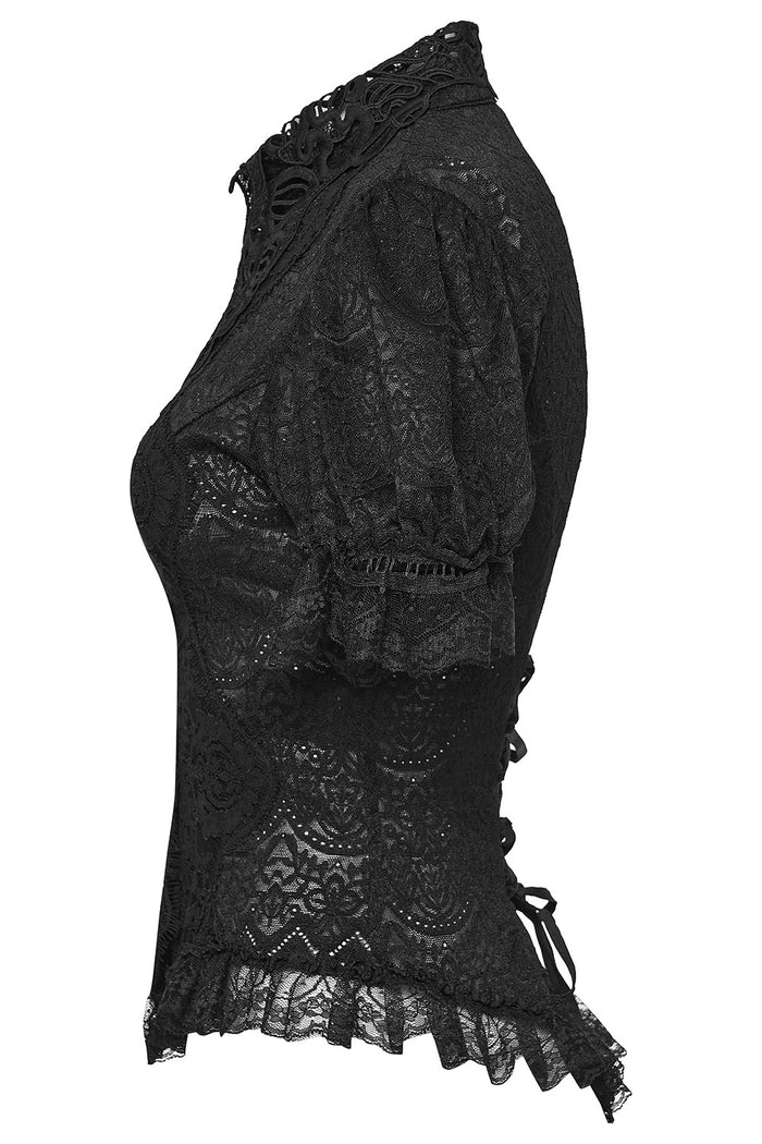 collared womens black lace puff sleeve blouse