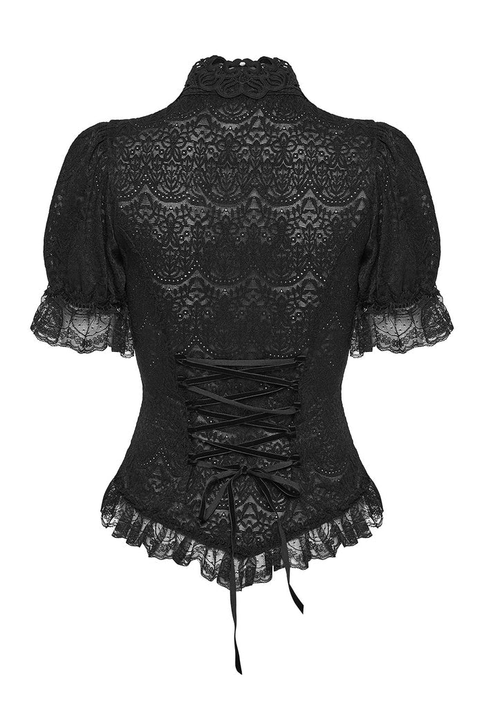 womens high collared black lace puff sleeve blouse