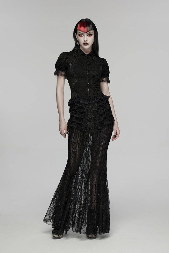 elegant romantic black lace puff sleeve blouse