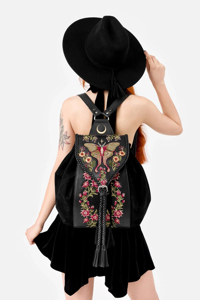 gothic moon and moth embroidered backpack