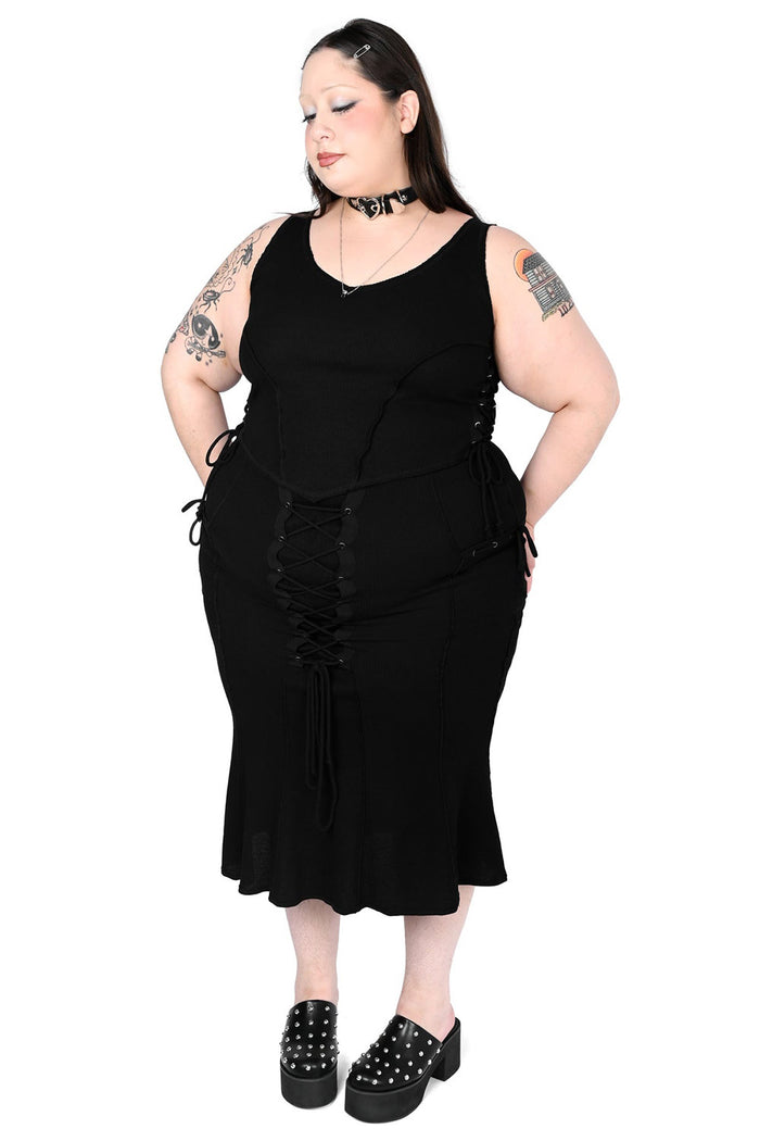 distressed lace-up corset tank top with v-shaped hem