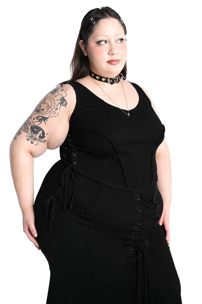lace-up corset tank top with silver metal eyelets