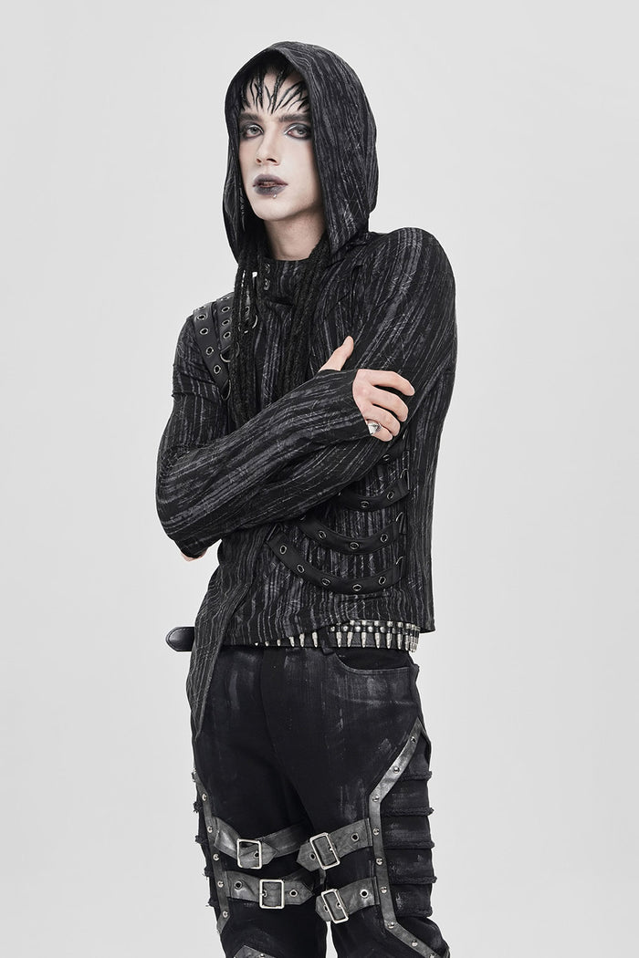 black distressed long sleeve mens cybergoth shirt with thumbhole cutouts and vegan leather straps